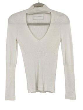 Maria McManus Small White Ribbed Mock Neck Cutout Top Sustainable Knit SEE DESC